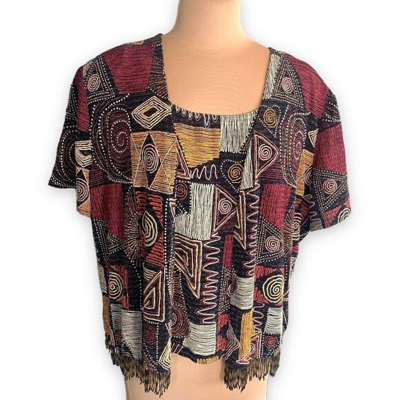 Vintage Beaded Abstract Tribal Art Cardigan Tank Set Burgundy Black Large - Picture 2 of 13